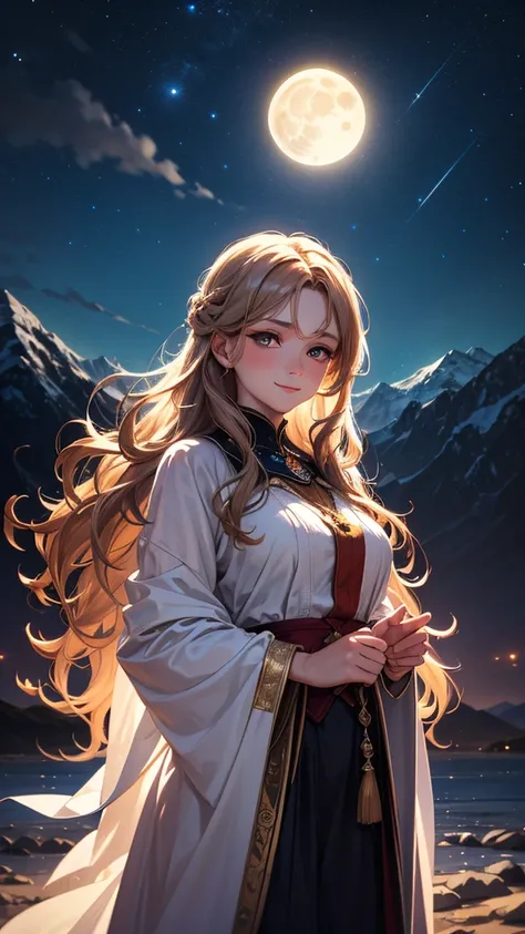  a beautiful woman, delicate face, dreamy eyes , Contemplative look ,long wavy hair,gentle smile,standing under a starry sky , night landscape ,distant mountains,bright full moon, magical atmosphere ,portrait style,oil painting,4k,ultra detailed,vivid colo...