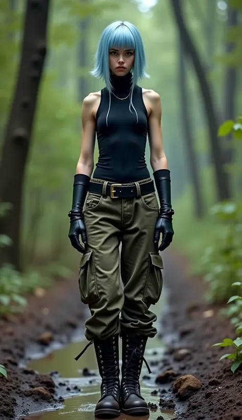 Full-length in a muddy dark forest
(Slender 18 year old boy with light blue long hair (short bangs on the front and two strands of hair up to the chin) with feminine features in a black sleeveless high-neck fitted tank top, camouflage loose pants with larg...