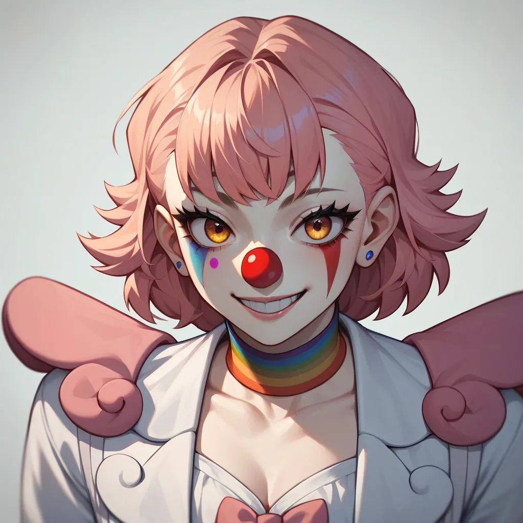 1girl, pale skin, white spiky hair, purple right eye, golden left eye, smile, clown makeup, anime style, digital art, white jacket with red, yellow and blue, psycho