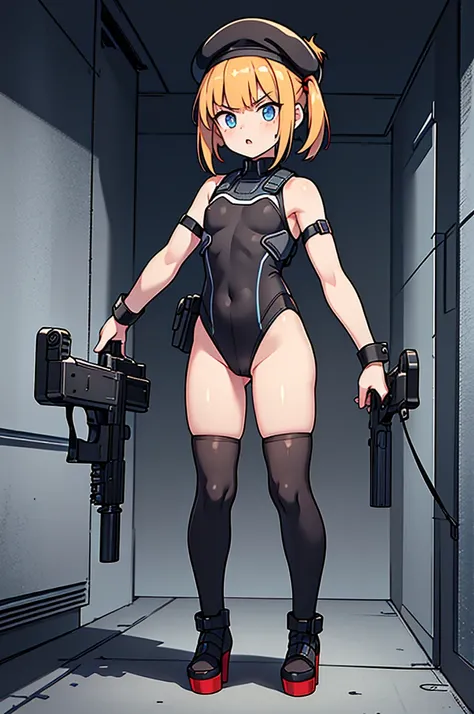 Ten_years_old girl, freckled skin, body freckles, fighting, angry scream, holding gun, ((tactic high cut leotard)), hunder View, tactic stockings, ((pale skin)) pigtail hair, team, soldier girl, ((standing)) front pose, (((fullbody))) sleveless, shoulderle...