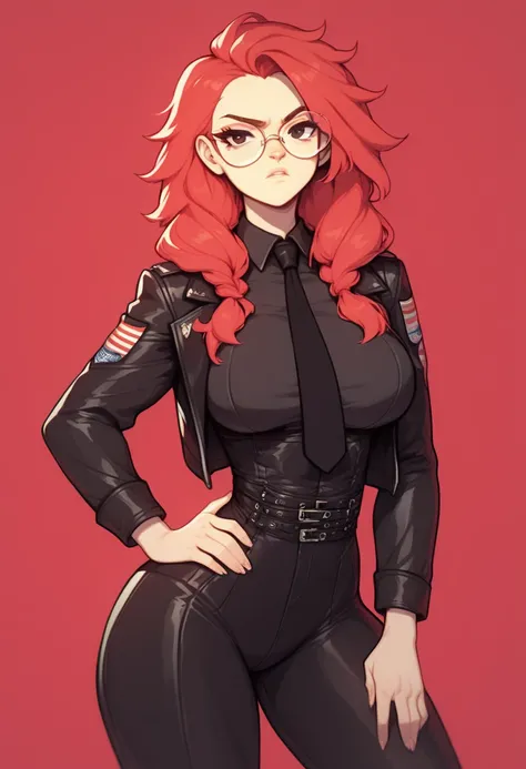 Women, with long red hair, shoulder-length hair, Straps on the forehead,  black eyes and round glasses , wearing a black jacket with a black tie ,  a shirt and on top a black army suit,  he has his coat hanging from fur on his shoulders , looking at the sp...