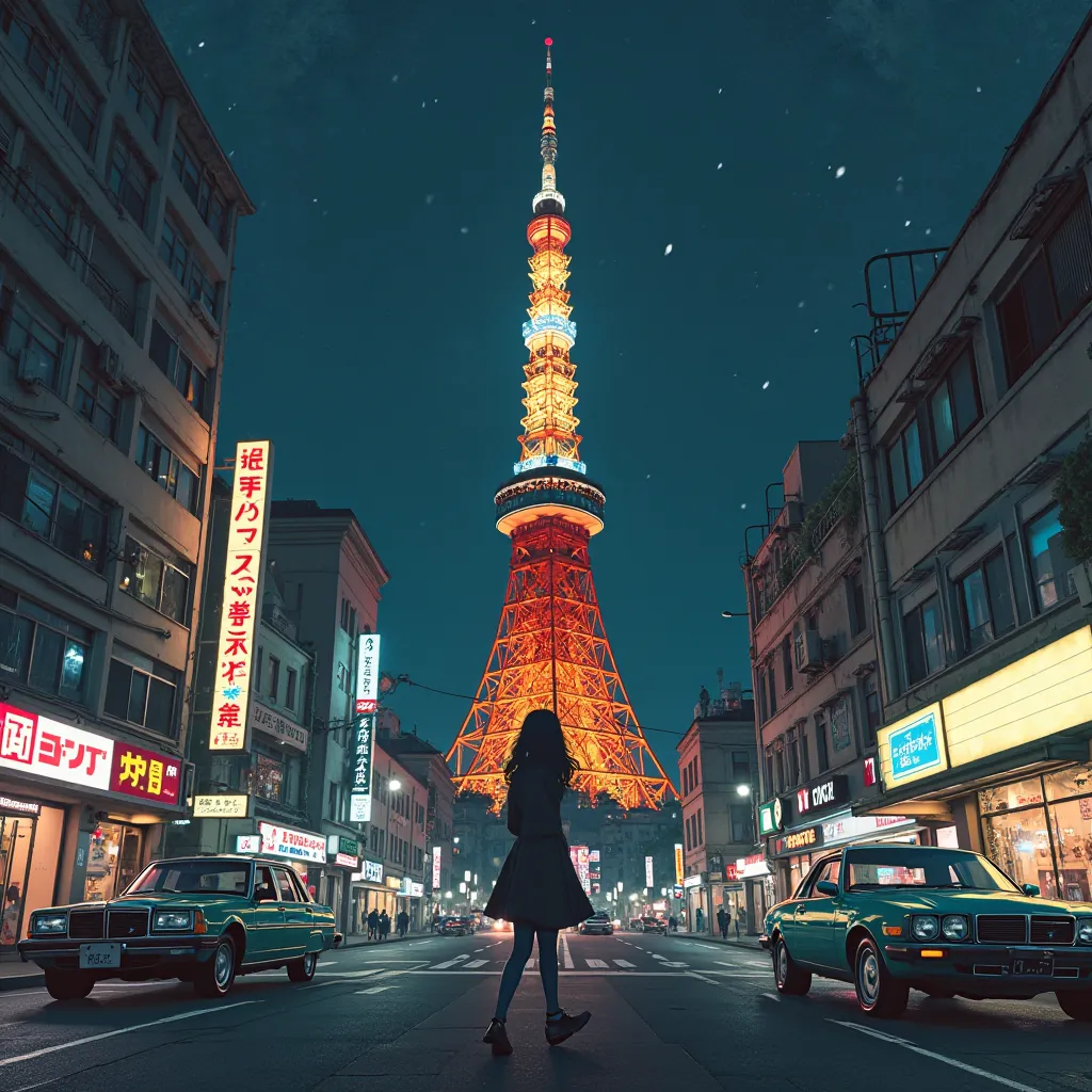 /imagine A photorealistic illustration of Tokyo Tower at night, with a woman singing passionately under the city lights. The sky is clear and dark, with no clouds. The tower's design evokes the Showa era with a vintage aesthetic, subtly enhanced by a sligh...