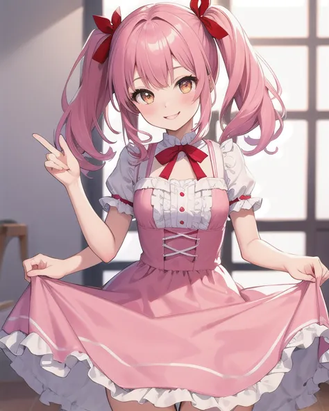 Top quality, high resolution, detailed, beautiful image quality, one girl, pink hair, twin tails, red ribbon in hair, big brown eyes, shining eyes, smiling face, cute dress with frills, pink dress, lolicon feel, cute gestures, white room,