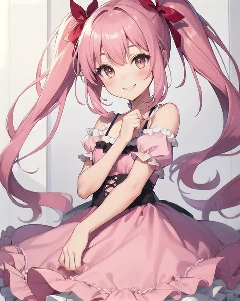 Top quality, high resolution, detailed, beautiful image quality, one girl, pink hair, twin tails, red ribbon in hair, big brown eyes, shining eyes, smiling face, cute dress with frills, pink dress, lolicon feel, cute gestures, white room,