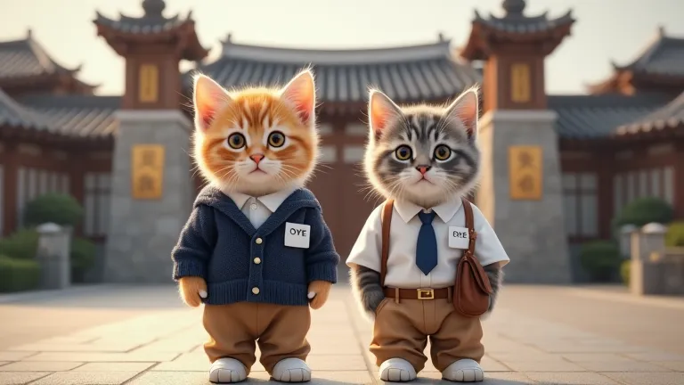 A highly detailed, photorealistic front-view image of two adorable chubby kittens standing in front of a prestigious Korean-style high school gate. The first kitten has soft orange stripes and round, expressive eyes, while the second kitten has elegant gra...