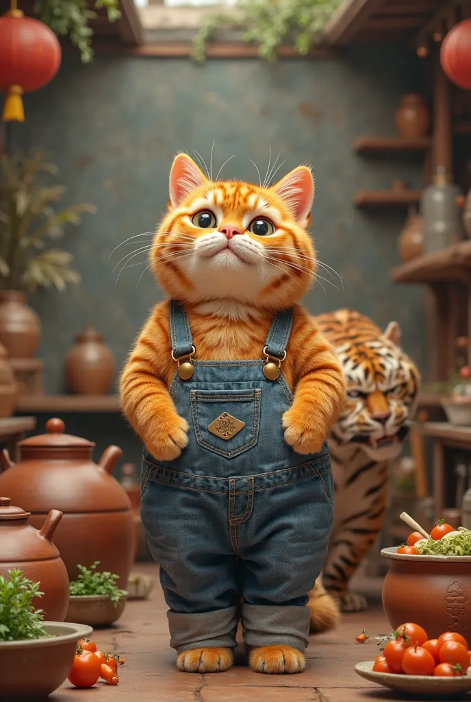 (Ultra realistic),"A fat orange cat wearing jeans stands in a charming Chinese village kitchen, surrounded by cooking pots, vegetables, and a friendly tiger watching eagerly."