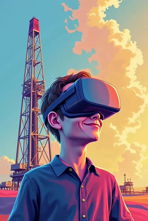 Make a logo that features a person smiling with a virtual reality headset on and an oil drilling rig 