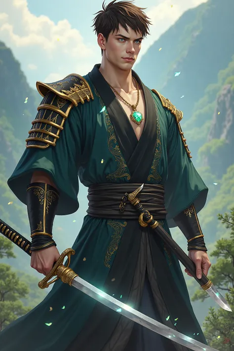 Anime, Male samurai, attractive, brown short hair, blue glowing eyes, necklace with an emerald attached, light japanese armor, combat ready, single spiritual elemental katana. full body view.