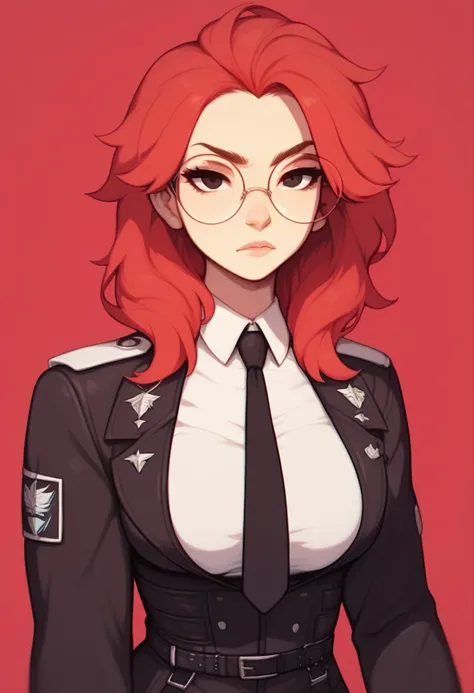 Women, with long red hair, shoulder-length hair, Straps on the forehead,  black eyes and round glasses , wearing a black jacket with a black tie ,  a shirt and on top a black army suit,  he has his coat hanging from fur on his shoulders , looking at the sp...