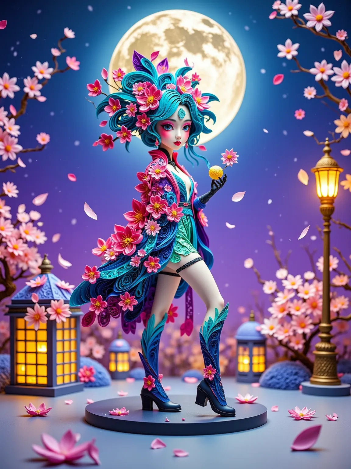 (paper art, Quilted paper art, geomerty), A captivating anime-style illustration by Jamie Hawlett featuring a young girl with spiky, electric-blue hair and striking blue eyes. She is dressed in a revealing, dark outfit with moon-shaped patterns, high-heele...