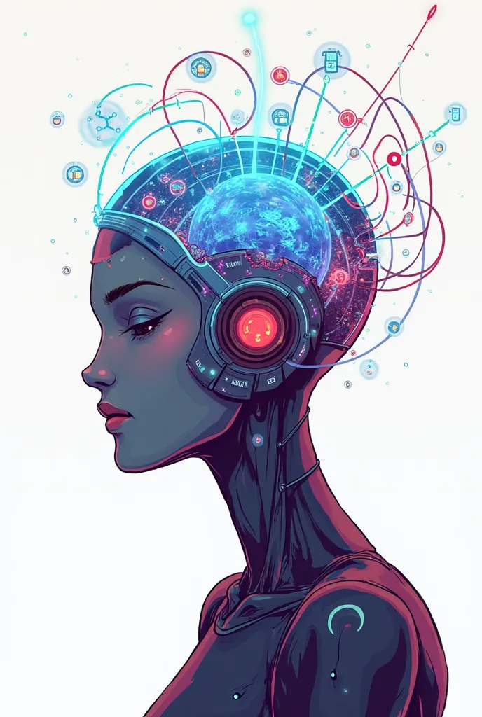 A cartoon of a person with cybernetic implants that allow immediate access to a universal encyclopedia. Show the interface as a glowing stream that circulates around the character's head. Modern cartoon style , vibrant and contrasting colors, white backgro...