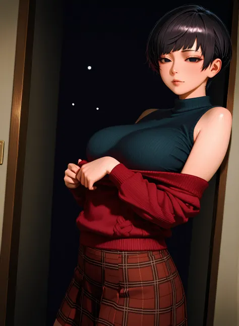 
(masterpiece), 8K, (best quality), expressive eyes, perfect face, highly detailed, (photorealistic, aesthetic), 1.8x 30-year-old_girl with 1.2x proportional body, black_hair, pixie_cut, medium_hair, black_eyes, half_closed_eyes, large_breasts, large tighs...