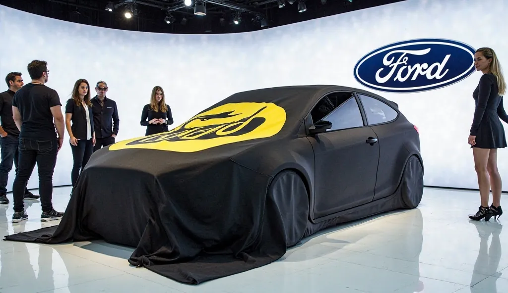 A sleek, modern (  ford escort Mk1 RS) taking center stage in a showroom, partially covered with a black and yellow cloth displaying a prominent ( ) logo, being unveiled by 6 people. The vehicle is a vibreveal(black)  with a streamlined design, positioned ...