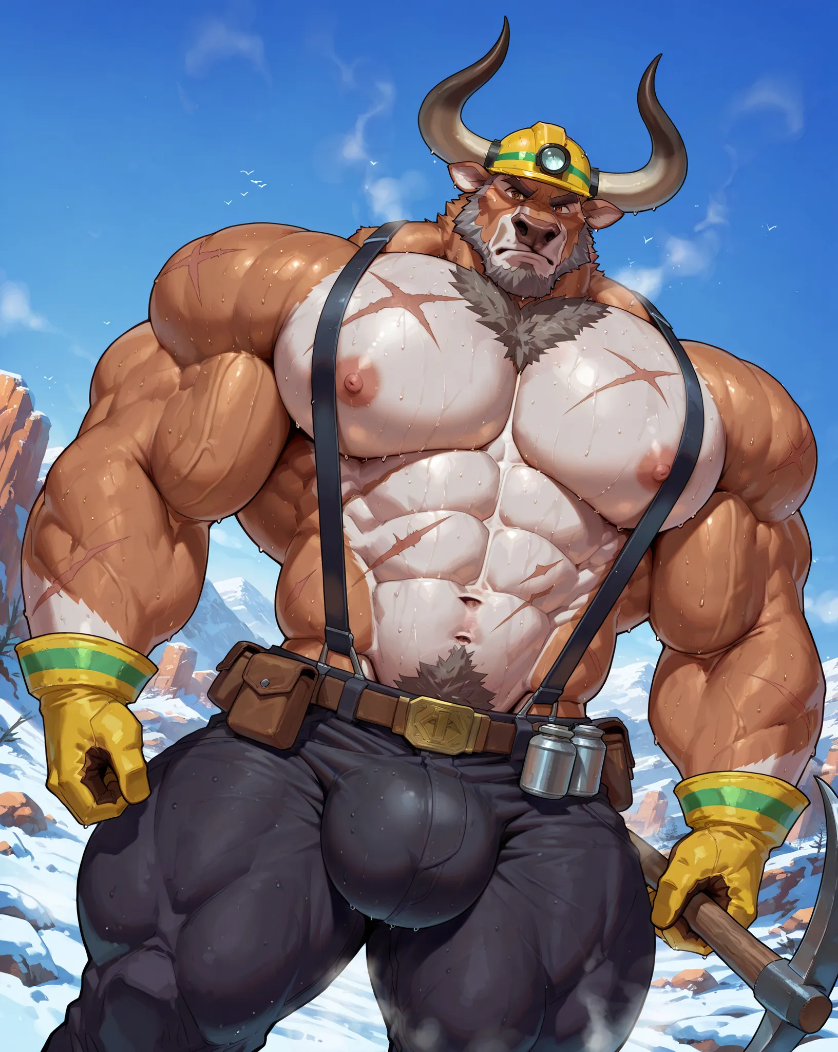 score_7_up, score_8, score_9, correct anatomy, ((detailed brown eyes)), ((highly detailed eyes)), high resolution, hyper-detailed,
((solo)), male, brown fur with white underbelly, bull, grey hair,
((massive size difference)), ((10 feet tall)), muscle, mass...