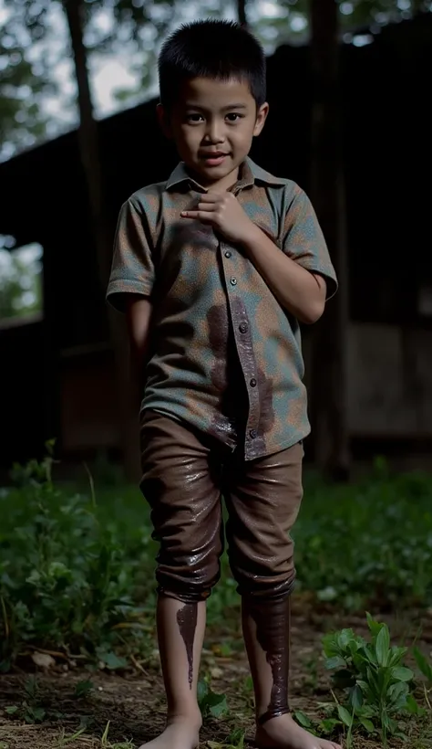 Indonesian boy wets himself in fear. Evening situation, scary situation, standing position, full body, frightened expression.