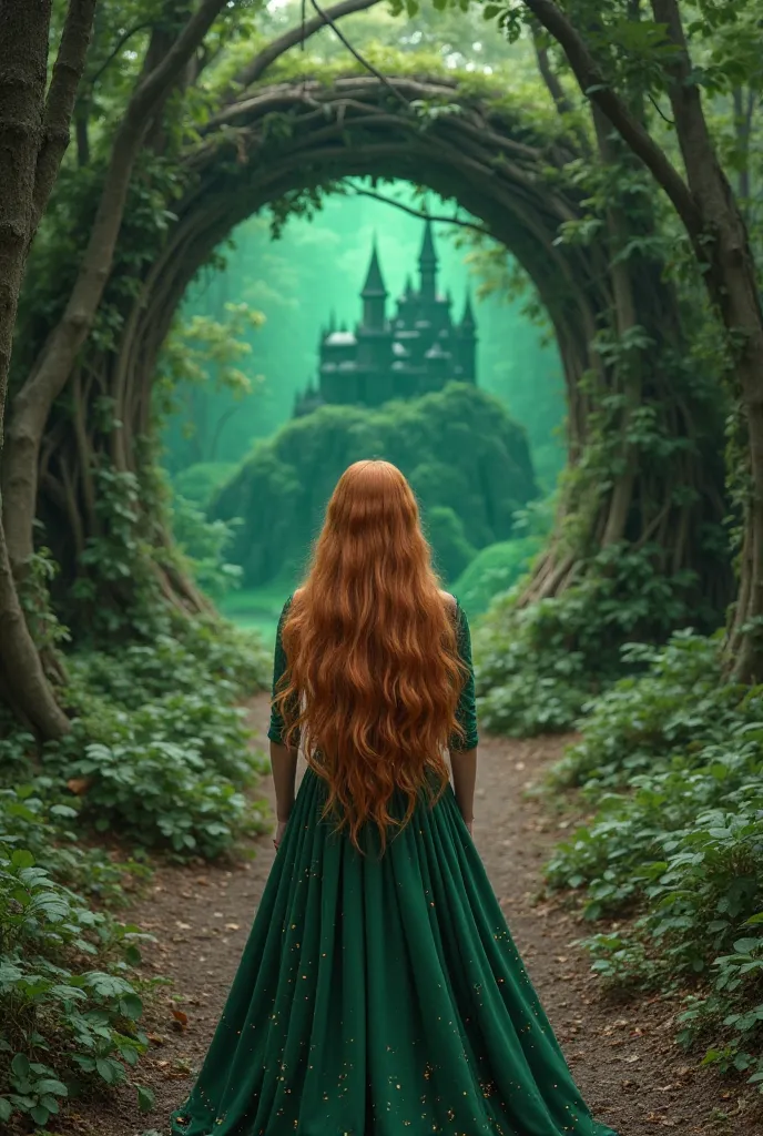 A woman with long light copper hair wearing a green dress with sparkles on her back and a green portal in the front made of the same forest that leads to a dark castle in the middle of a magical forest.