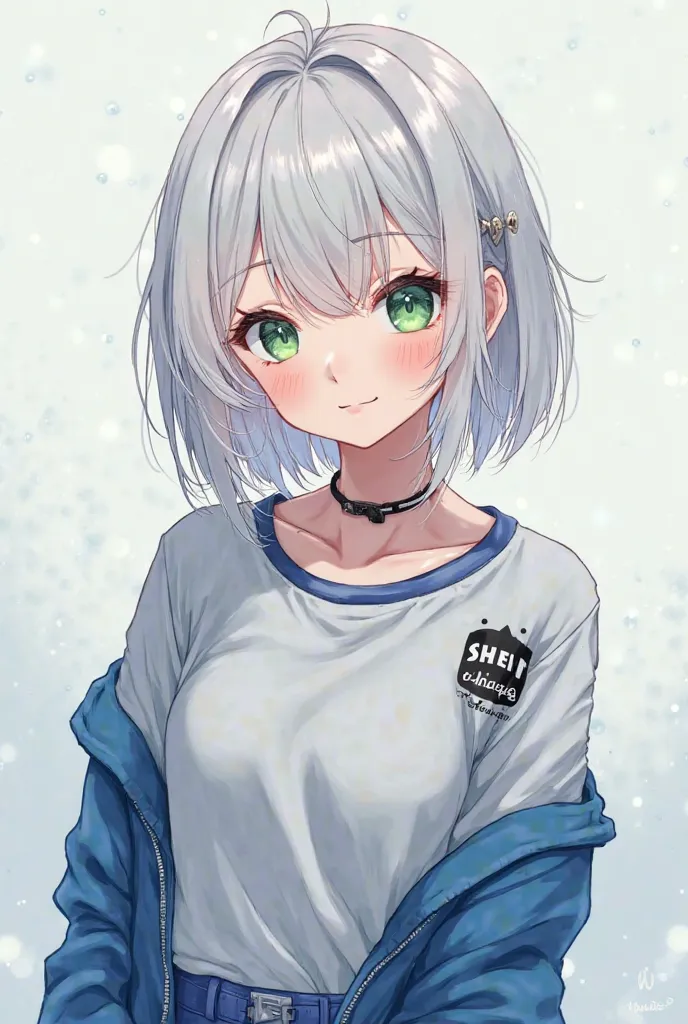 Dragon Ball white-haired anime girl, green eyes , dressed in a blue SheIn and a white t-shirt with black bangas smiling with Goku 