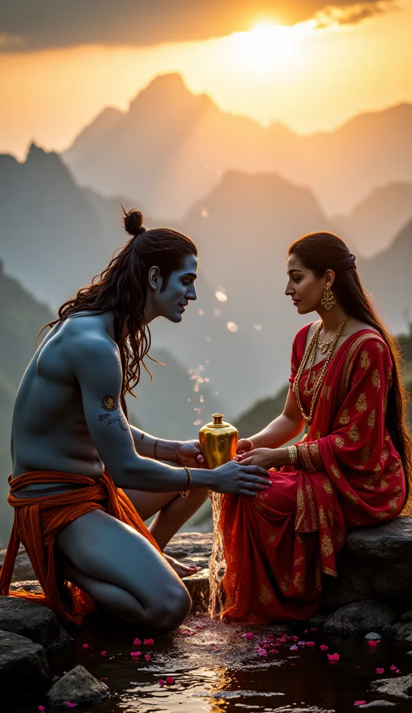 Create an image of Lord Shiva washing Mata Parvati’s feet with rose water, both gazing into each other’s eyes with deep love and devotion. Lord Shiva, with his matted hair, crescent moon, and sacred ash, kneels before Mata Parvati, carefully pouring rose w...