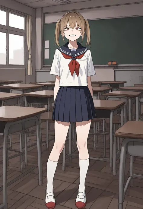 Yoshi,1girl,standing,school uniform,gesugao,looking at viewer,classroom,full body,