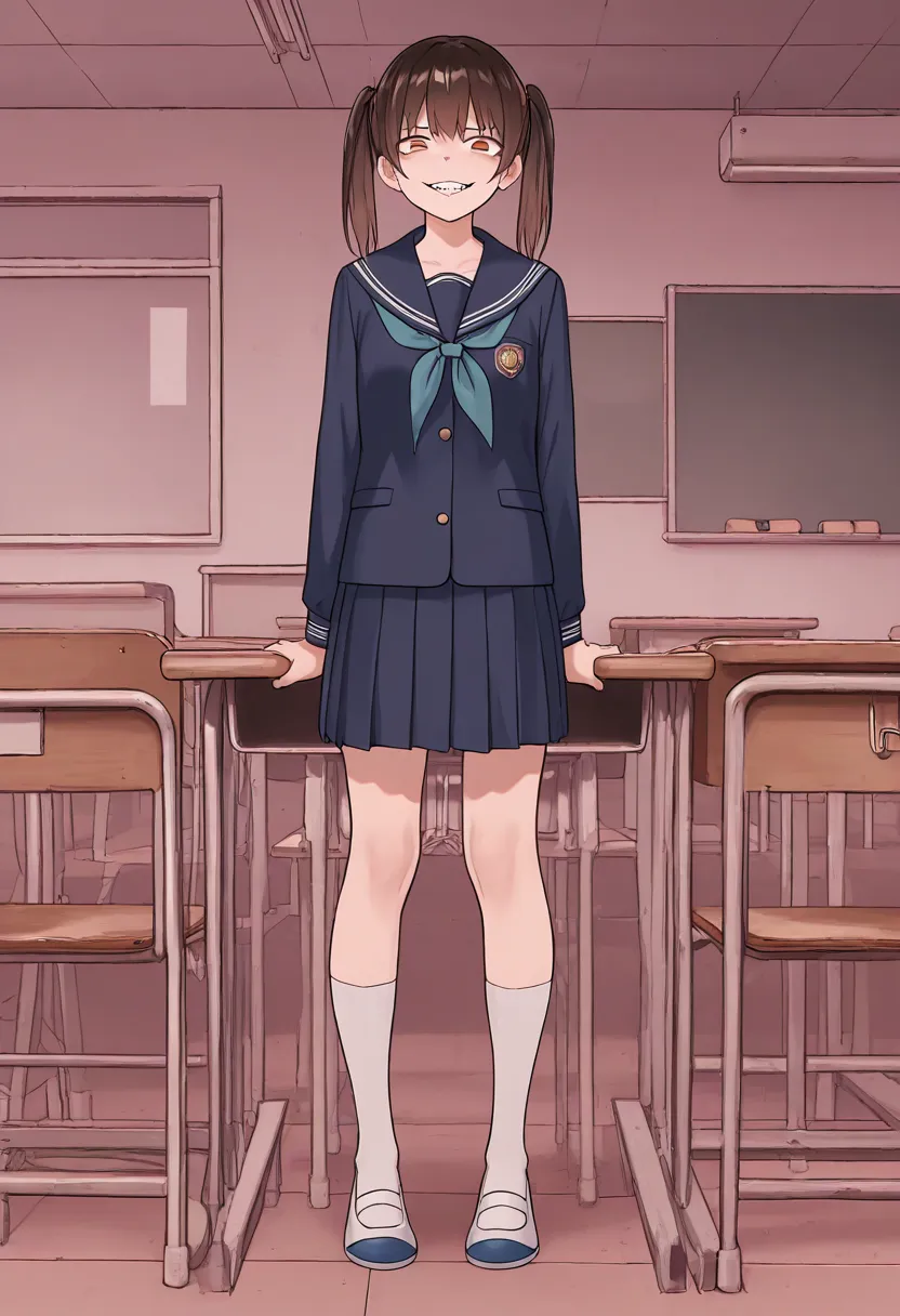 Yoshi,1girl,standing,school uniform,gesugao,looking at viewer,classroom,full body,