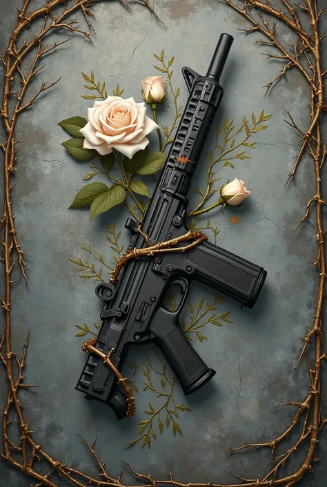  illustration, a glock entangled with a white rose and golden thorns on a cracked gray background, soft lighting, Dark colors, At the edges of the image a frame of golden vines. Dark colors, image off 