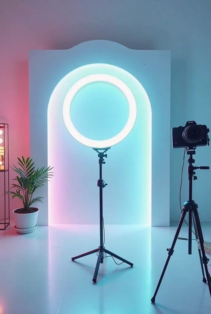 An image in a studio to record videos for TikTok with a light ring in cold tones,  white and gray  