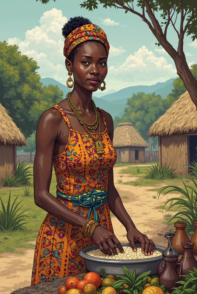 creates an image in the style of a ren's drawing about an African mother processing her food in the village