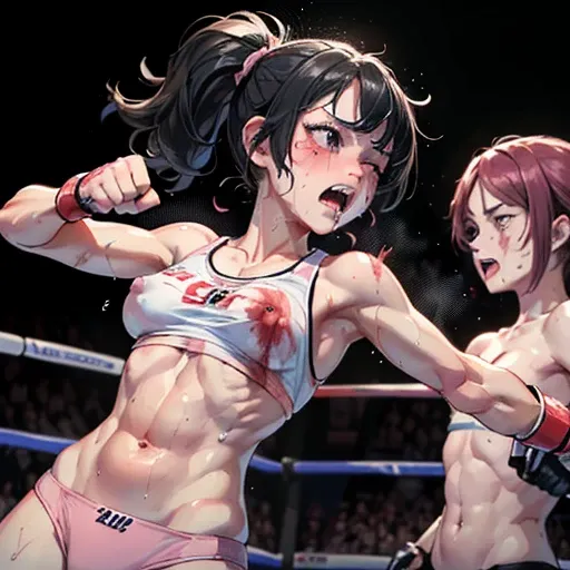 (((two girl fighters, winner and loser))), (((((The opponent's fist is digging into her stomach))))). (((two girl fighters are fighting in the octagon fighting ring of underground arena))). (((a bloody girl fighter is in big pain))). (((((A girl fighter is...