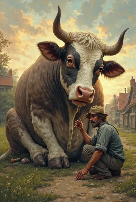 The giant cow sitting on the ground, tears rolling down her eyes. The farmer looks at her with concern, trying to console her. The background is a peaceful village setting with a soft sunset.