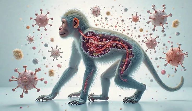 Diagram or illustration showing bacteria in the monkey's body, acting as a defense