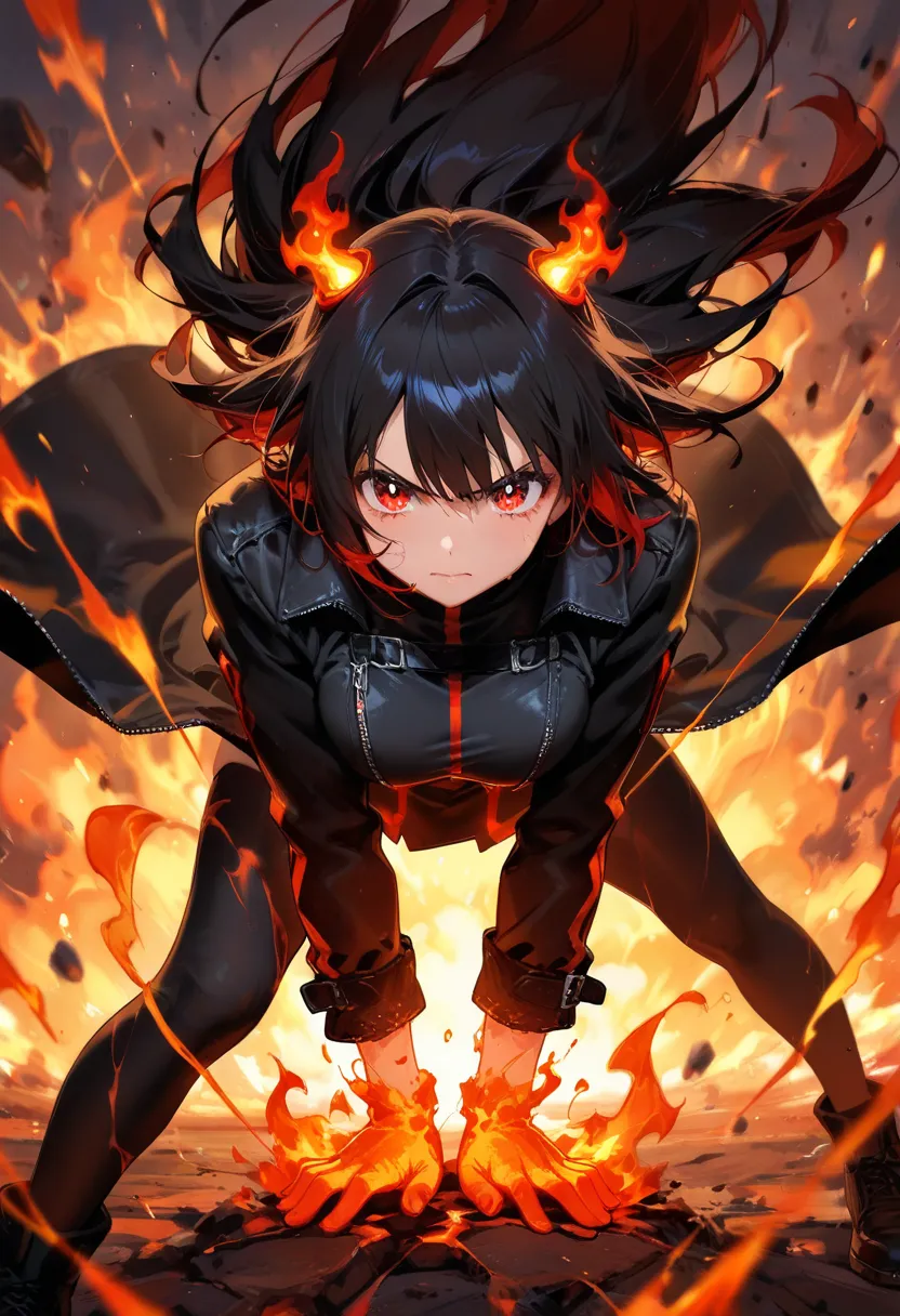 An anime woman stands in a burning melted ground filled.  She wears a cool long black coat and has very beautiful red eyes. afterglow  trail. beautiful black hair with red inner color. flames are burning and it shines red.  She was surrounded by intense fl...