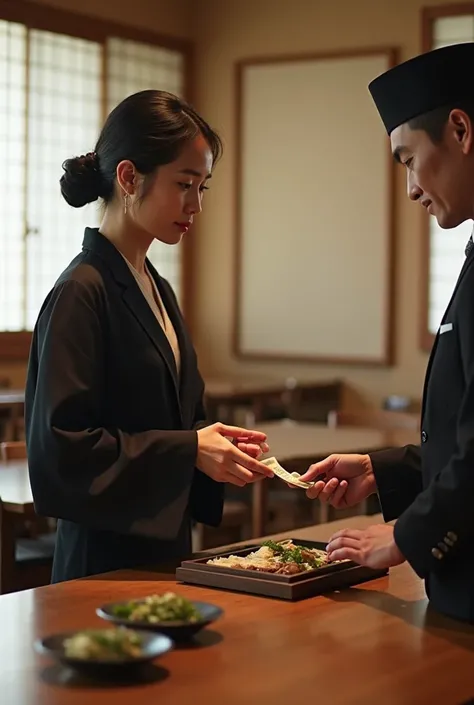 Image Description:
The image shows a calm, minimally decorated Japanese restaurant with soft lighting and traditional elements like shoji screens and wooden accents. In the foreground, a Japanese guest dressed in a neat, conservative outfit places cash ont...