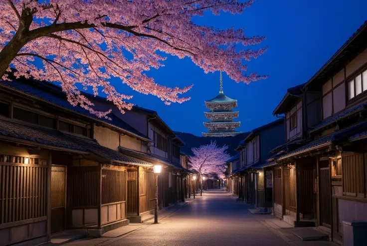 "A serene traditional Japanese street at night, featuring a five-story pagoda in the background, illuminated with warm lights. The street is lined with wooden houses, reflecting historical Edo-period architecture. A vibrant cherry blossom tree with pink fl...