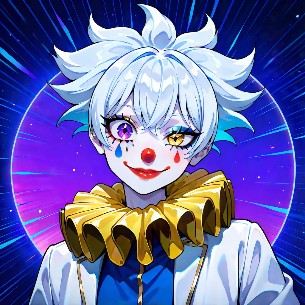 1girl, pale skin, white spiky hair, purple right eye, golden left eye, smile, clown makeup, anime style, digital art, white jacket with red, yellow and blue, psycho