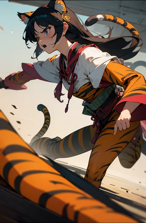 masterpiece, best quality, amazing quality, anime screencap. BREAK. female, tiger ears, tiger tail , tribal clothing, angry, low angle