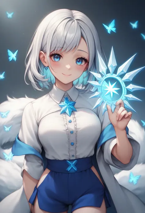 score_9, score_8_up, score_7_up, source_anime, best quality, clear face,shool girl, icy silver hair, blue eyes, medium hair, medium breasts, perfect body, with a shy gentle smile,slightly blushing,wearing white shirt and blue shorts, glowing healing frost ...