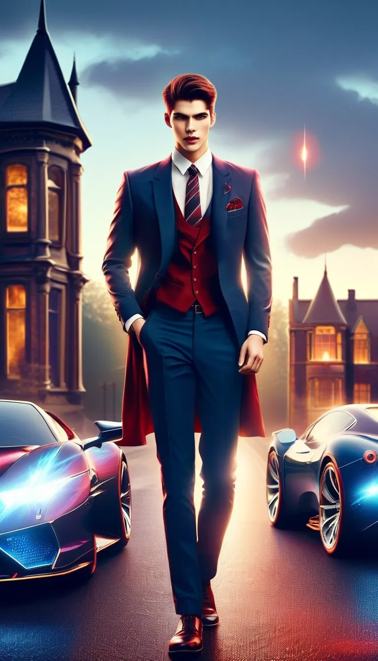 A Mysterious Transfer Student / Mysterious transfer student，vampire，English school uniform，Movie，handsome guy，pale faces，Slender eyes， red lips，Mysterious blue light on the chest，Wolf，background：Teaching Building，luxury sports cars