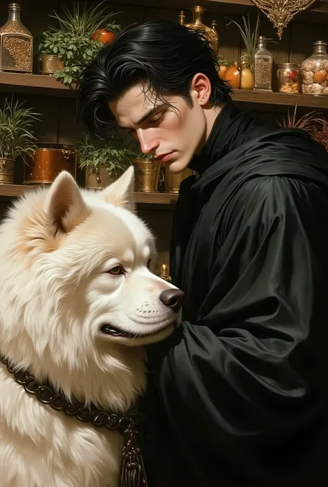 ((fullbody))in jc leyendecker and paul cadmus art style, "the healer", fullbody, close up big white Chow Chow dog, perfect anatomy, the merchant, shelves with HERBS, FRUITS, LITTLE BOXES, VEGETABLES, GRAINS, DUMBBELLS , reach intricate background LARGE WIN...