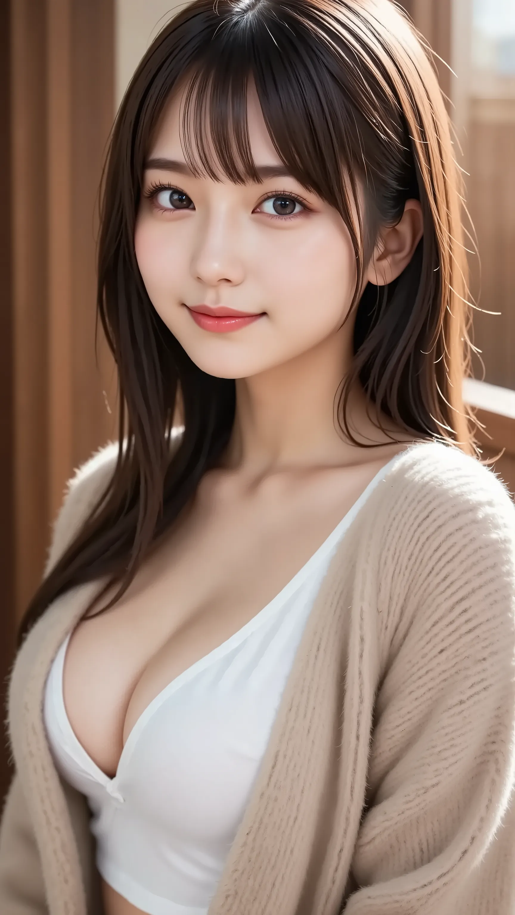 (a state where the face is accurately positioned in the center of the image: 1.5), (upper breast: 1.5), (fully reflects the entire head: 1.5), (Face clearly visible: 1.2)、 (fur coat : 1.4), (fireplace : 1.5), long hair、bangs, smile, young and cute japanese...