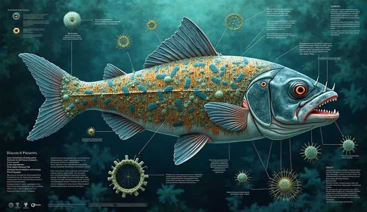 Diagram or illustration showing bacteria in the piranha's body, acting as a defense, background is the deep ocean 