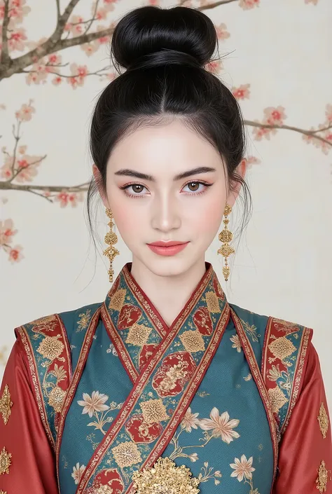 (masterpiece), Chinese brush painting, breathtaking ancient woman, (priest dress), (elegant full body pose), (frontal view), highlighted intricate details, vibrant ink strokes, harmonious color palette, showcasing grace and beauty, winning award quality, (...