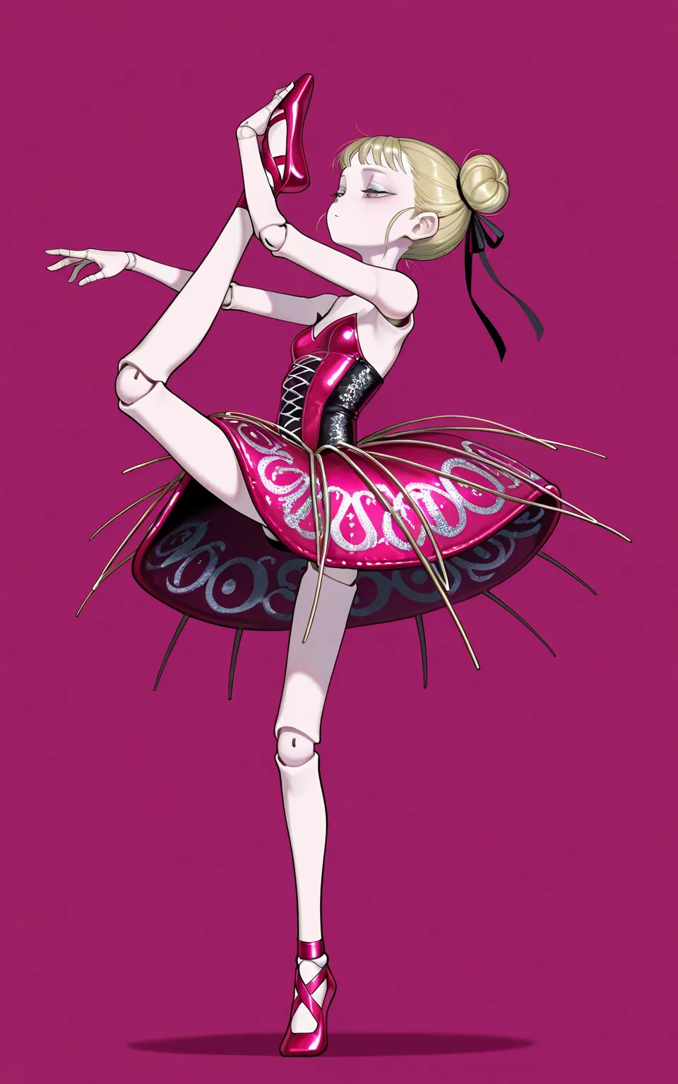 cool beauty, solo loli girl, minigirl, blonde hair, hair buns, [emaciated:1.3], small breasts, half-closed eyes, exotic punk fashion, simple background, geometric, standing on one leg, ballet dance, doll joints,