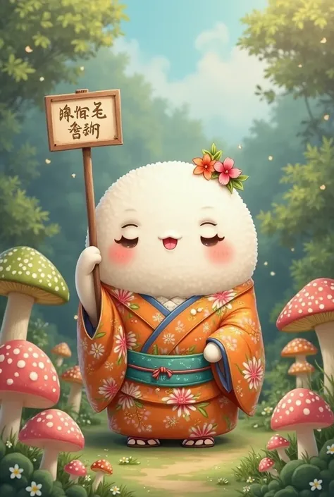 Rice ball in kimono holding sign Mushroom rice Hello