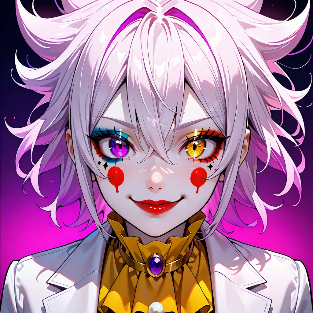 1girl, pale skin, white spiky hair, purple right eye, golden left eye, smile, clown makeup, anime style, digital art, white jacket with red, yellow and blue, psycho