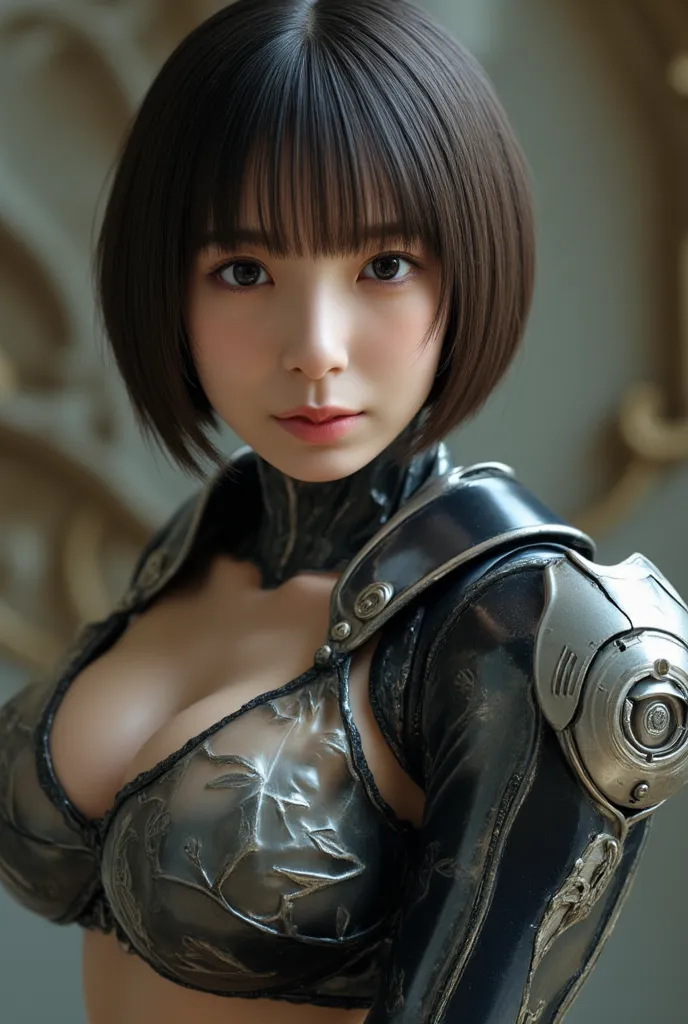  girl、full body、 Battle Poses、笑face、 dark hair、With bangs、Best Quality, masterpiece,  Ultra High Resolution , Photorealistic, rAW フォト, 1人のサイバーパンクの girl, COWBOY SHOOTING, Glossy Skin,  1 mechanical girl in a European castle,  super realistic detail ,mechani...