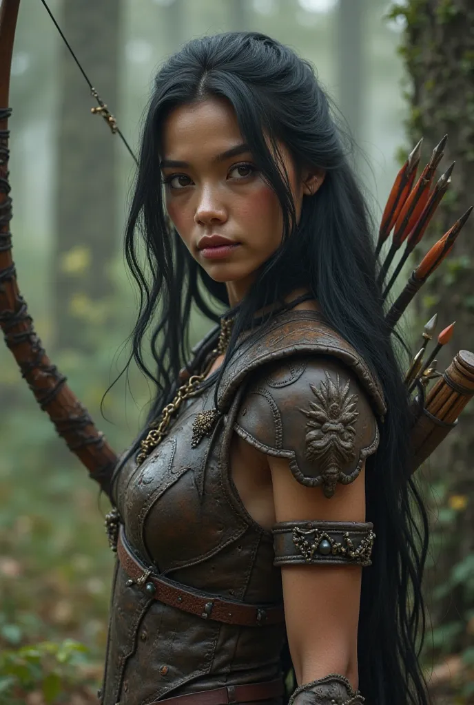 Beautiful amazon hunter with bow and arrow in the woods, long black hair, light fair complexion skin, hazel brown eyes, symmetrical features, angelic features, facing camera, proportion face features, proportion body, proportion limbs, proportion fingers, ...