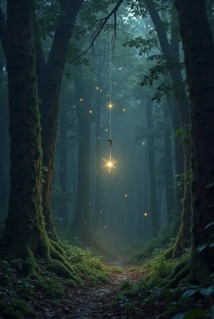 SMALL STAR FALLS FROM THE SKY IN A DARK FOREST