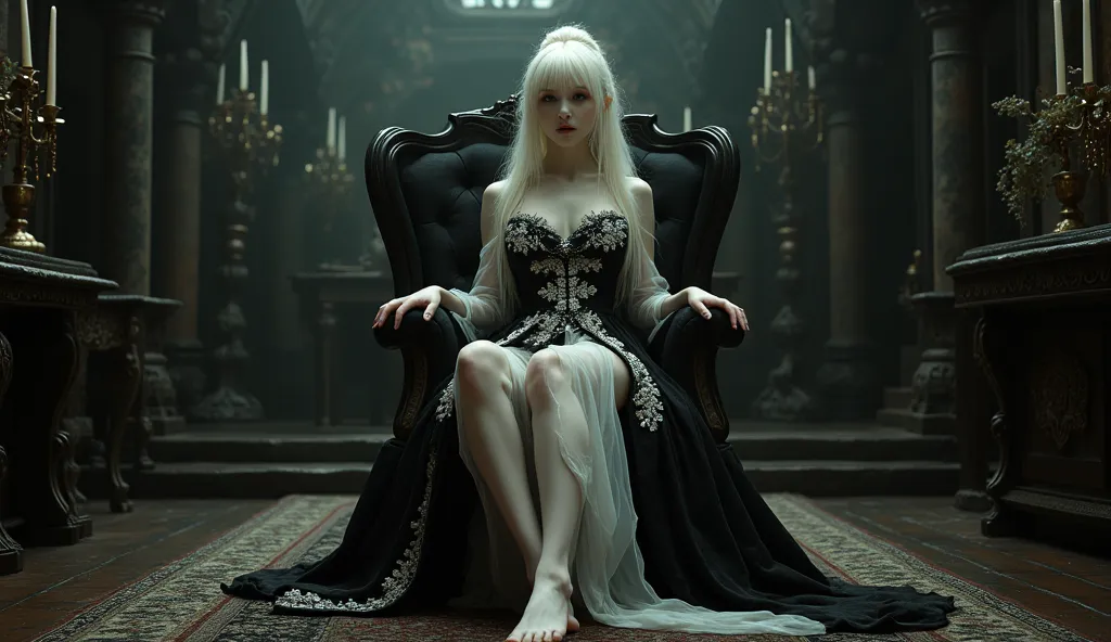 a full body picture of an albino Japanese woman, sitting on classic chair, crossing and exposing her beautiful legs, bare foot, wearing an elegant ancient-style black white robe with intricate embroidery, draping gracefully over her shoulders. Her expressi...