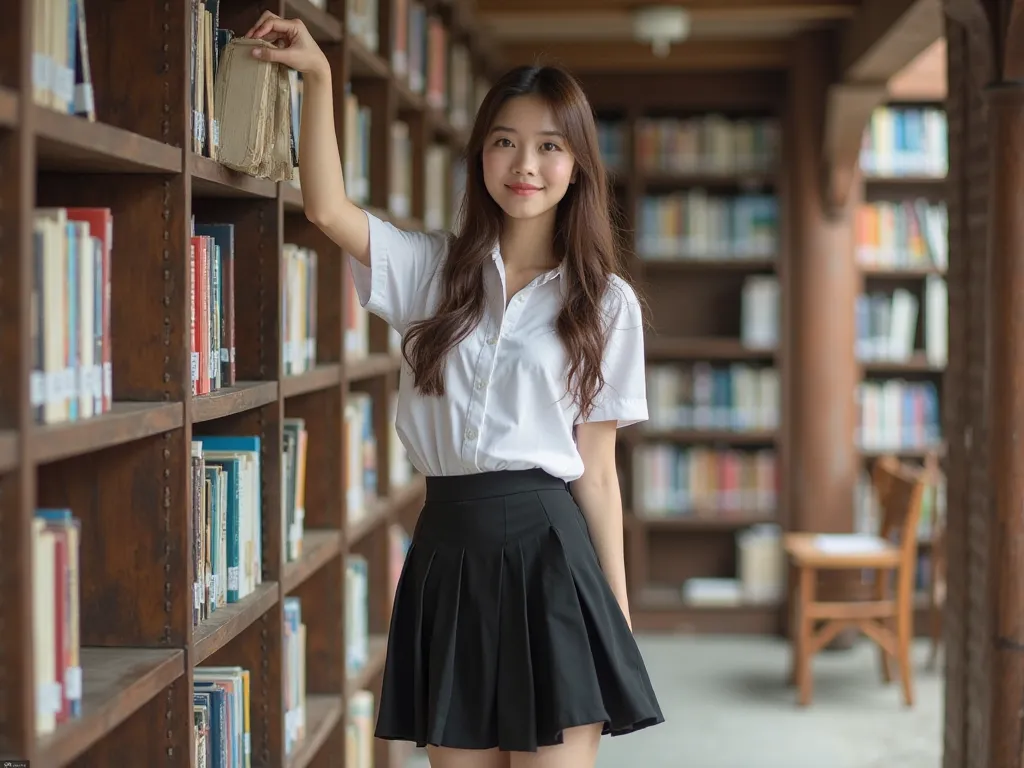 KRESHY WHITE SHORT-SLEEVED SHIRT BLACK PLEATED SKIRT PHOTOREALISTIC, 20-YEAR-OLD THAI WOMAN, FAIR SKIN, LONG BROWN HAIR, BIG EYES, PINK LIPS, 170 CM TALL, 47 KG, 35 INCHES IN CHEST, 25 INCHES IN WAIST, 36 INCHES IN HIPS. SHE WEARS A UNIVERSITY STUDENT UNIF...