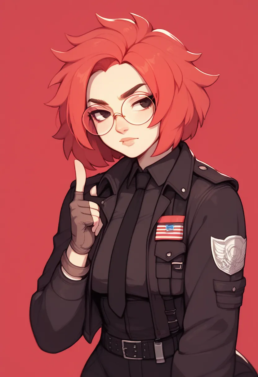 Women, with long red hair, shoulder-length hair, Straps on the forehead,  black eyes and round glasses , wearing a black jacket with a black tie ,  a shirt and on top a black army suit,  he has his coat hanging from fur on his shoulders , He has two gold-c...